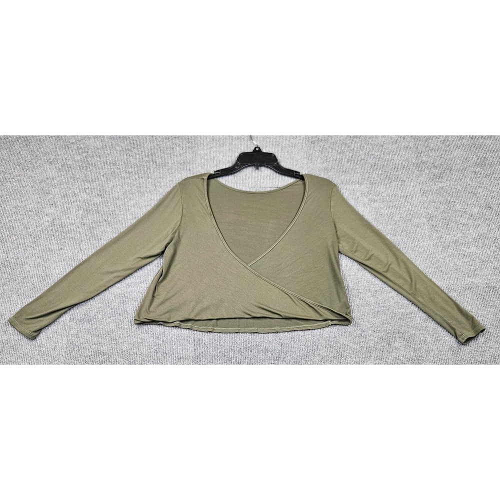 Lulus Basics Womens Medium Olive Green Surplice Wrap Long Sleeve Crop Top